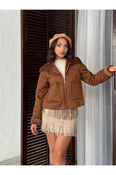 VELZANA Light Brown Rabbit Fur Suede Coat Jacket