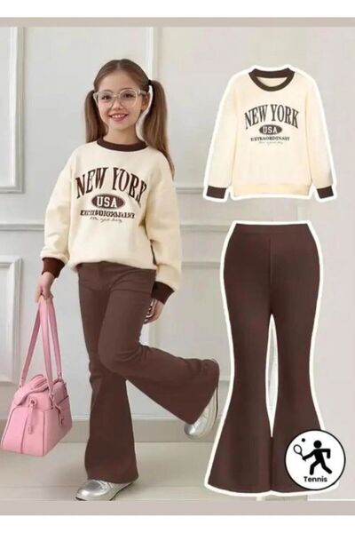 Keywest Girl's New New York Usa Printed Crew Neck Sweatshirt Flared Tracksuit Set