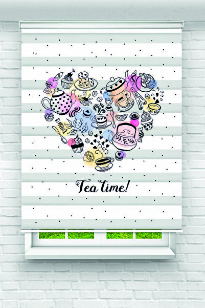 Yznhome Kalp Şeklinde Tatlılar ve Fincanlar Desenli Zebra Perde – YZN-1013