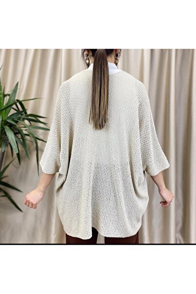 ribana Women's Cream Tasseled Summer Openwork Knitwear Cardigan