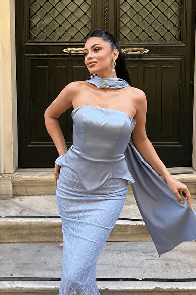 giyimmasalı Satin Fabric Lace Detailed Evening Dress - Baby Blue