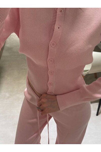 vişneli Pembe Triko İkili Takım – Hırka & Pantolon