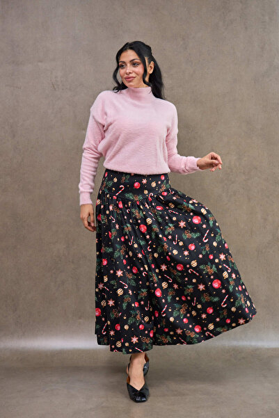 KÜÇÜĞÜM BUTİK Winter Dream Black Satin Gathered Skirt