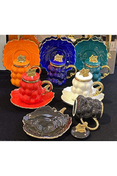 LOKMAN ZÜCCACİYE 6 KİŞİLİK PORSELEN RENKLİ ÜZÜM DESENLİ KAPAKLI KAHVE FİNCAN TAKIMI 90 ML