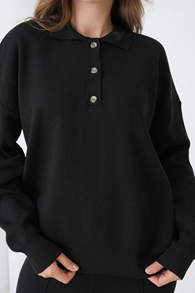 Park Karon Women's Black Polo Neck Sweater Pants Knitwear Top-Bottom Set 12333