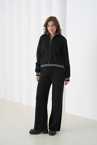 Park Karon Women's Black Polo Neck Zipper Sweater Pants Knitwear Top-Bottom Set 12343