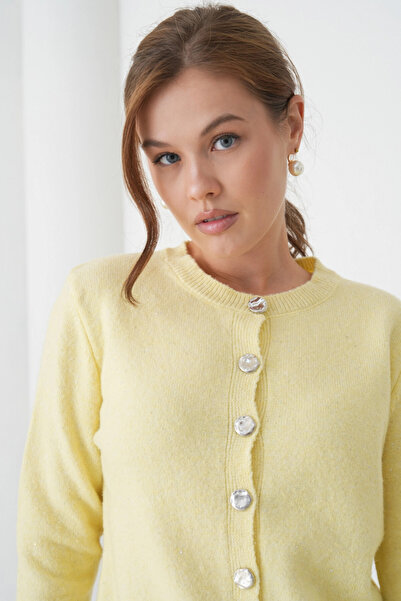 Park Karon Women's Yellow Crew Neck Button Detail Soft Textured Knitwear Cardigan 8559