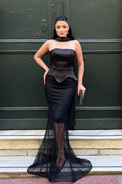 giyimmasalı Saten Kumaş Dantel Detaylı Abiye Elbise - SİYAH