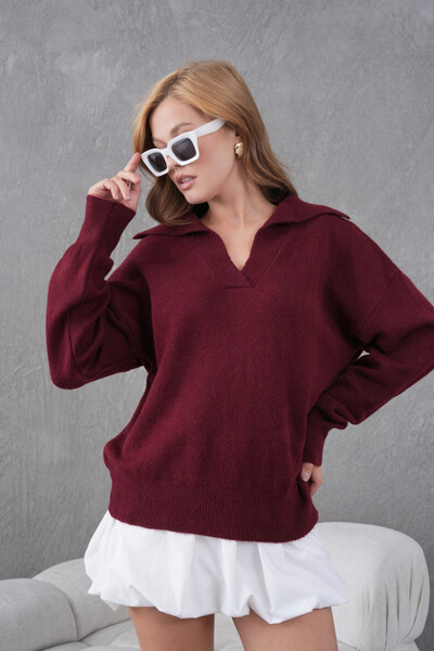 Park Karon Women's Burgundy Polo Neck Oversized Half Placket Soft Texture Knitwear Sweater 8585Sw