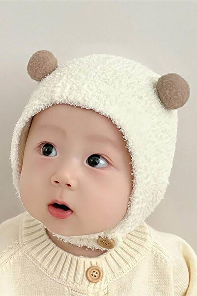 TAKIŞTIR Βρεφικό βελούδινο καπέλο με λεπτομέρεια πομπόν σε χρώμα κρέμα και καφέ