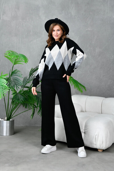 Park Karon Жіночий чорний светр з баклавієвим візерунком, штани, трикотажний комплект