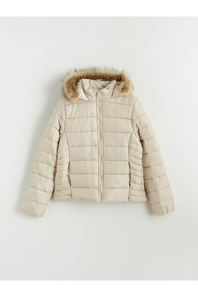 LC Waikiki Lcw Ecobeige Fur Hooded Women's Puffer Coat