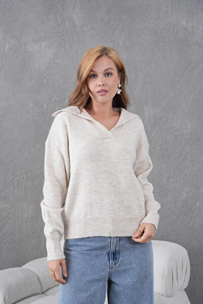 Park Karon Γυναικείο πλεκτό πουλόβερ με λαιμόκοψη πόλο oversized με μισό πάτσο με απαλή υφή