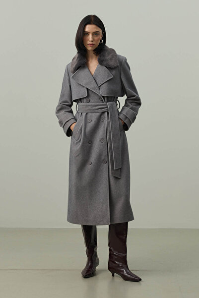 Fahhar Maxi Coat with Detachable Collar Gray