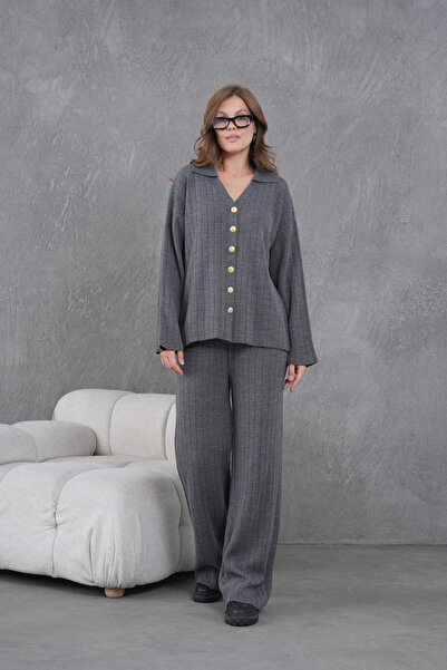 Park Karon Women's Anthracite Self-Textured Button Sweater Pants Knitwear Top-Bottom Set 12287
