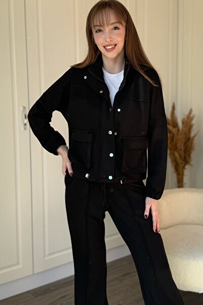 Dilay Gökoğlu Butik Buttoned Zippered Premium Modal Fabric Pants Cardigan Black Set