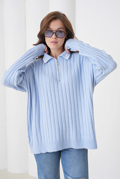 Park Karon pulover tricotat pentru femei, albastru bebeluș, cu guler polo, cu fermoar, supradimensionat 8657sw