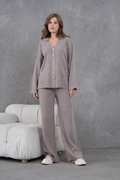 Park Karon Women's Mink Self-Textured Button Sweater Pants Knitwear Top-Bottom Set 12287