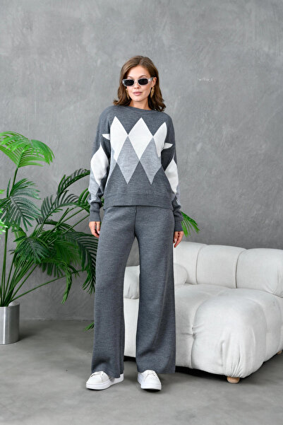 Park Karon Women's Anthracite Crew Neck Argyle Sweater Pants Knitwear Top-Bottom Set 214076