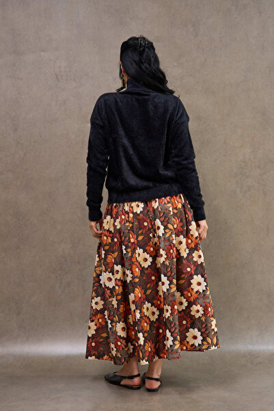 KÜÇÜĞÜM BUTİK Brown Daisy Patterned Satin Gathered Skirt