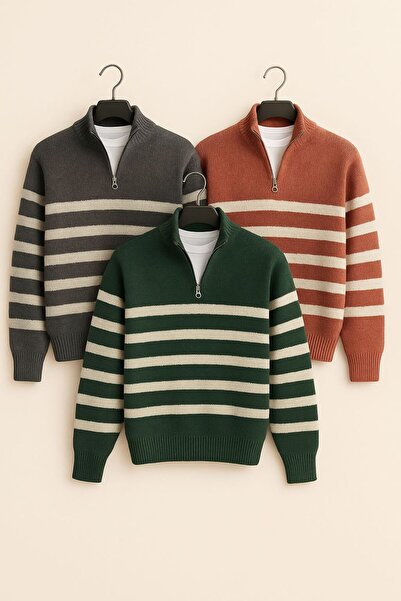 pepule Pachet de 3 pulovere premium cu fermoar pe jumătate, cu dungi