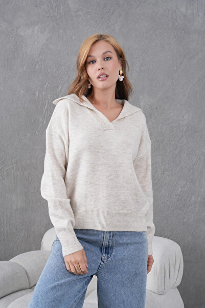 Park Karon Γυναικείο πλεκτό πουλόβερ με λαιμόκοψη πόλο oversized με μισό πάτσο με απαλή υφή