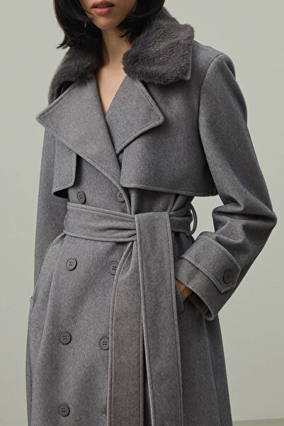 Fahhar Maxi Coat with Detachable Collar Gray