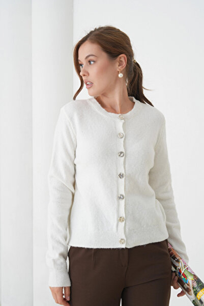 Park Karon Women's Bone Cycling Collar Button Detail Soft Textured Knitwear Cardigan 8559