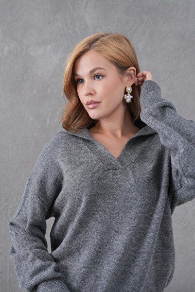 Park Karon Women's Anthracite Polo Neck Oversized Half Placket Soft Texture Knitwear Sweater 8585Sw