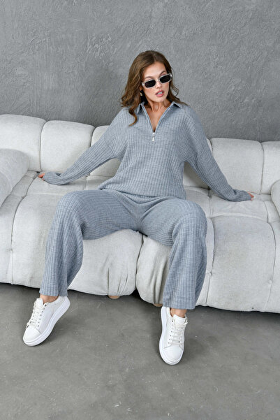 Park Karon Women's Gray Polo Neck Oversized Sweater Pants Knitwear Top-Bottom Set 10955