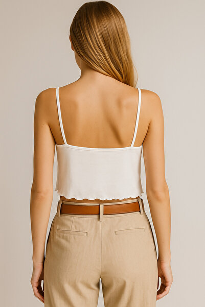 LACHT Women's Ecru Lettuce Hem Detailed String Strap Lace Crop Tank Top