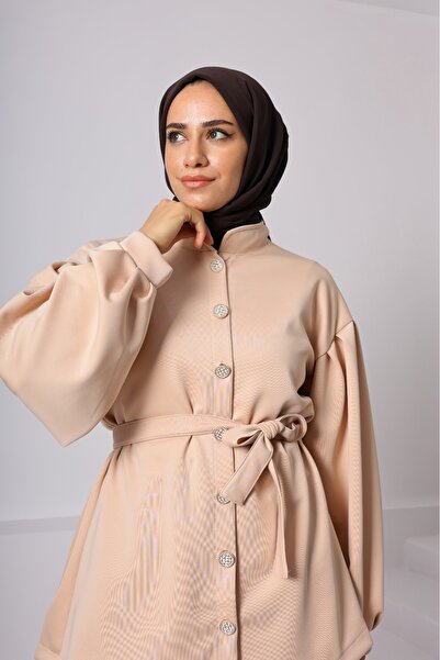 onlymoon Beige Scuba Fabric Top and Bottom Set ♦   Full Buttoned ♦   With a Belt ♦   Women's Hijab Set ♦   Modern Comfortable Fit