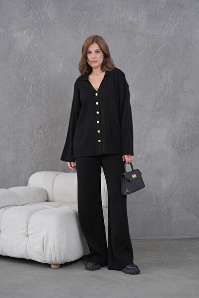 Park Karon Women's Black Self-Textured Button Sweater Pants Knitwear Top-Bottom Set 12287