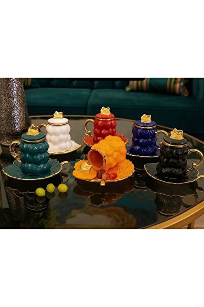 LOKMAN ZÜCCACİYE 6 KİŞİLİK PORSELEN RENKLİ ÜZÜM DESENLİ KAPAKLI KAHVE FİNCAN TAKIMI 90 ML