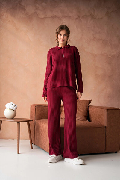 Park Karon Women's Burgundy Polo Neck Oversized Sweater Pants Knitwear Top-Bottom Set 10955