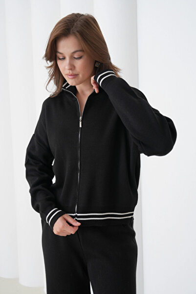 Park Karon Women's Black Polo Neck Zipper Sweater Pants Knitwear Top-Bottom Set 12343