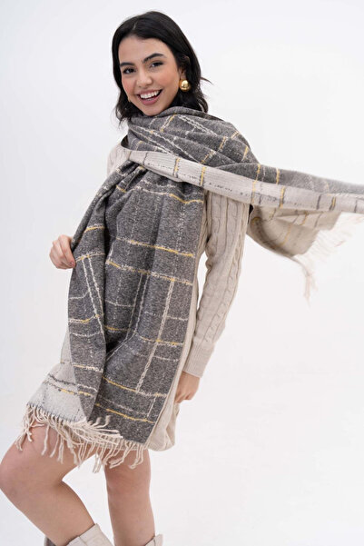 HERCHES Stripe Patterned Wool-Acrylic Winter Scarf - Ashy Grey-Smoked