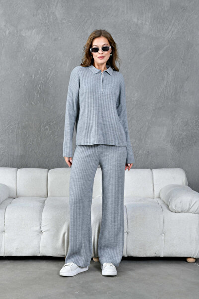 Park Karon Women's Gray Polo Neck Oversized Sweater Pants Knitwear Top-Bottom Set 10955