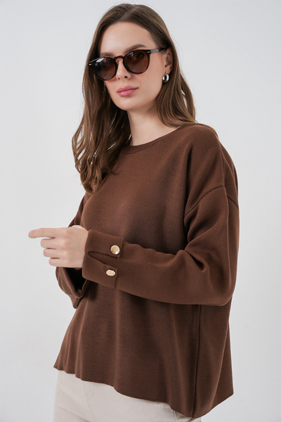 Bigdart Damen Oversize-Strickpullover mit Manschettenknöpfen 15981 – Braun