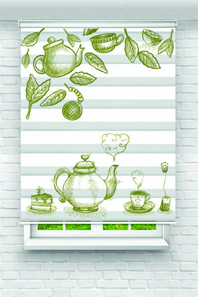 Yznhome Yeşil Tonlarda Çay Takımı ve Yaprak Desenli Zebra Perde – YZN-1066