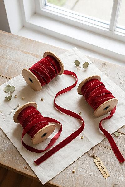 GÖZDE ELSANATLARI Velvet Ribbon 2 cm 5 Meters (Red - Burgundy)