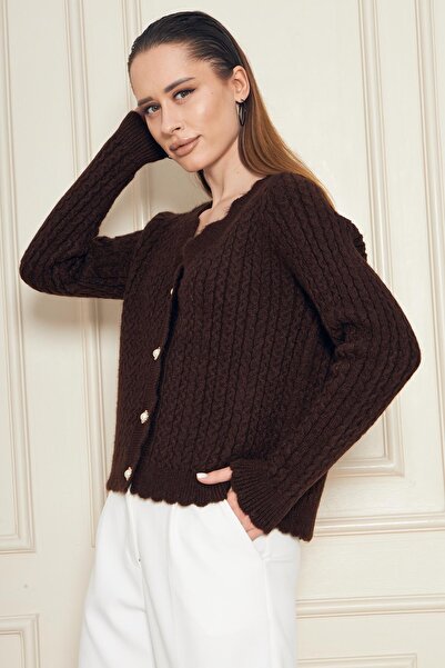 Irmak Kerekli Women's V-Neck Pearl Button Soft Textured Hair Knitwear Cardigan 70917