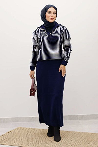 Tesettür Dünyası Смугастий трикотажний светр TSD250241 Синій