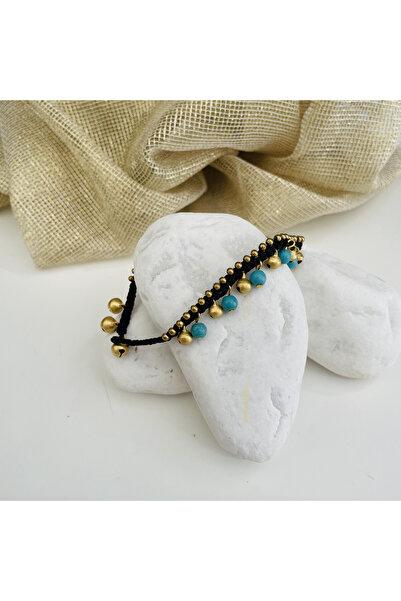 Casa D or Jewelry Vintage Bohem Turkuaz Doğal Taşlı Bakır Boncuklu Zilli El Yapımı Halhal