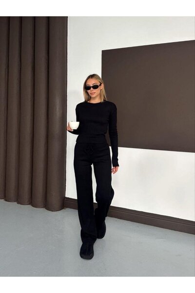 Giyimodam Women's Crew Neck Finger Detail Long Sleeve Blouse and Pants Two Piece Set