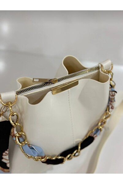 MY VİNTAGE Women's Scarf and Chain Accessory Soft Leather 3 Compartment Handbag and Shoulder Bag