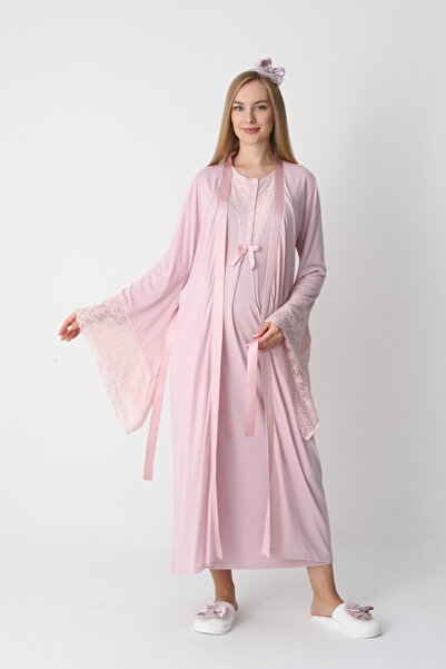 Lohusa Homewear طقم ملابس نوم للحوامل بتصميم بودرة كامل الطول مع دانتيل مكون ...