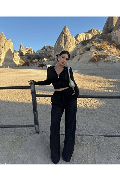 Giyimodam Women's Long Sleeve Finger-Hole and Zipper Detail Short Jacket and Flared Pants Set