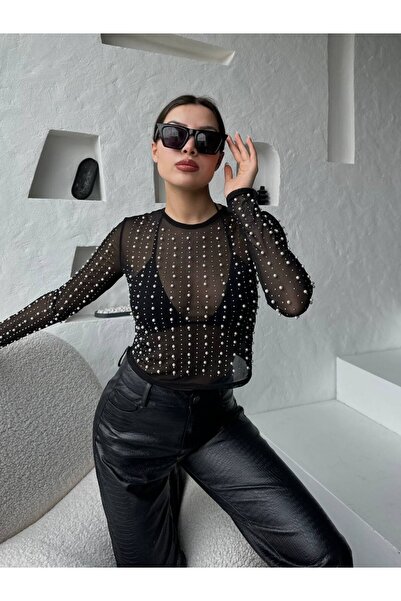 cemo Black Women's Bodysuit with Shiny Stone Detail Tulle