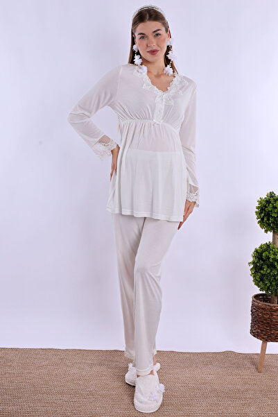 ByLohusa Effortt Mavi/Ekru Sabahlıklı Hamile Lohusa Pijama Takımı